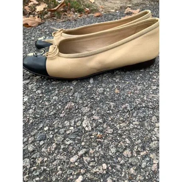 Authentic Chanel Lambskin Leather Ballet Flats Size 36 Two Tone Beige Black Tan - Picture 8 of 15
